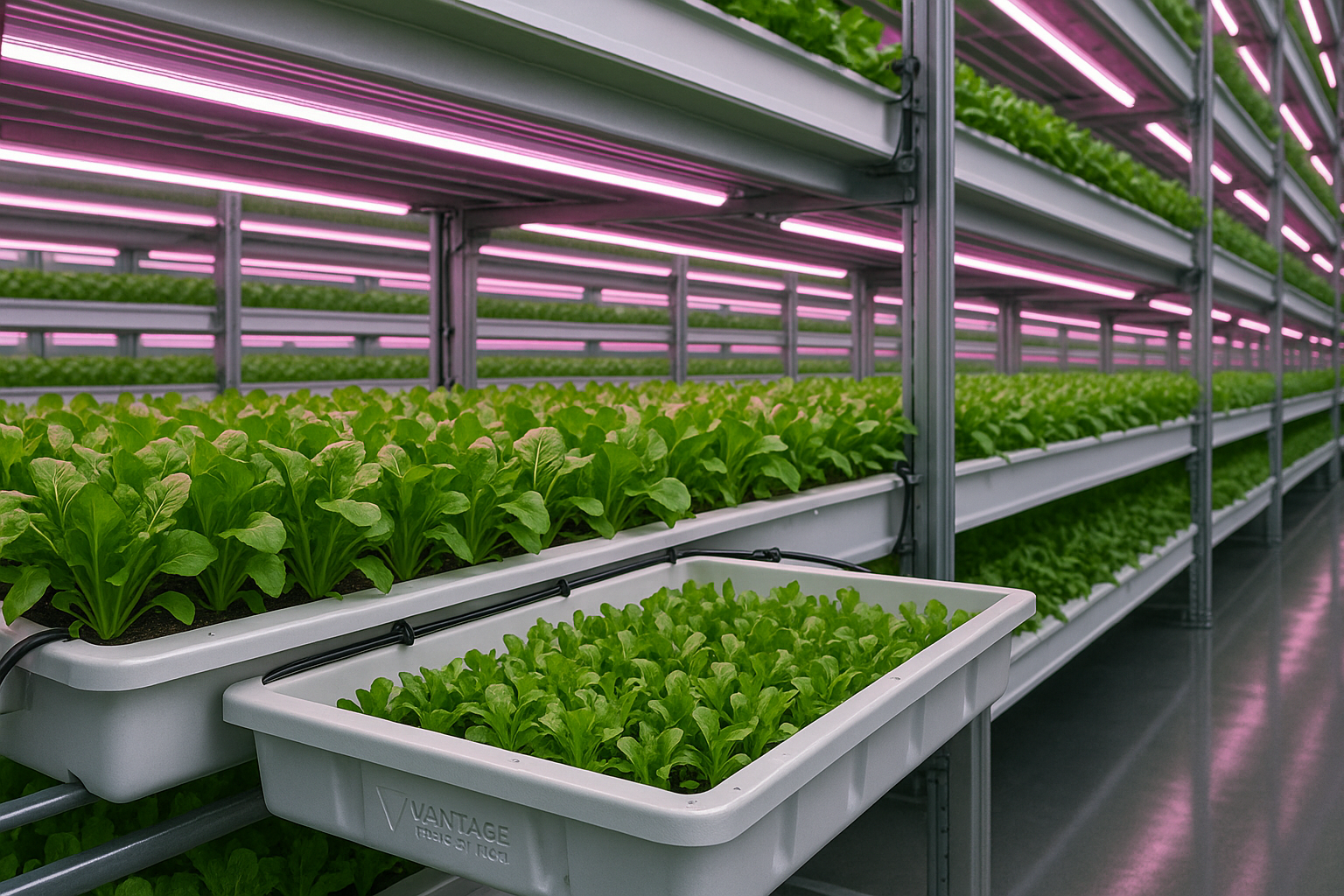 A wide-angle view inside a modern vertical farm: multiple steel racks hold long white plastic trays sprouting lush green lettuces under pink-purple LED strips; one branded Vantage Plastics tray is pulled forward for detail while irrigation tubing and sensors line the edges, conveying high-tech, sustainable cultivation.