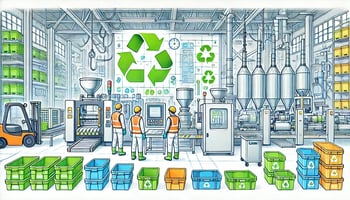 A hand-drawn, colorful illustration of a modern plastics manufacturing facility. The scene includes thermoforming and injection molding machines