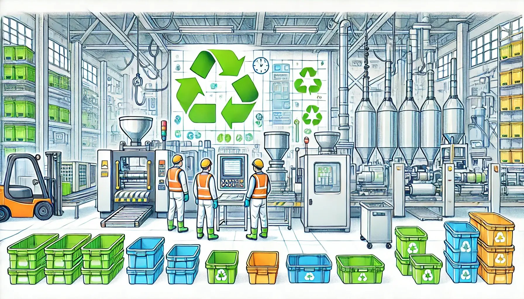 A hand-drawn, colorful illustration of a modern plastics manufacturing facility. The scene includes thermoforming and injection molding machines