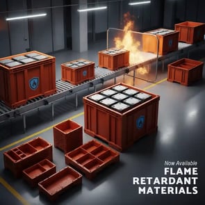 Square announcement graphic with the headline ‘New Non-Halogen Flame Retardant Options’ and subhead ‘EV battery packaging built for safety, reuse, and recyclability,’ plus bullet points: ‘ASTM E-1354 tested,’ ‘Resists ignition and melt-through,’ ‘Reusable and recyclable through Edge Materials Management,’ ‘Made in Michigan for the EV supply chain.’ Footer reads ‘Vantage Plastics | Standish + Bay City, Michigan’ and ‘vantageplastics.com/battery.