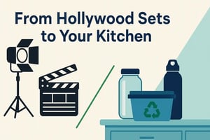 Split graphic showing a Hollywood film light and clapperboard on the left and reusable kitchen containers and bottle on the right, illustrating Vantage Plastics’ move from sets to home toward circular, reusable packaging.