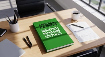 A top-down, photorealistic view of a green book titled "A Practical Playbook for Industrial Packaging Suppliers" resting on a modern, lived-in office desk.