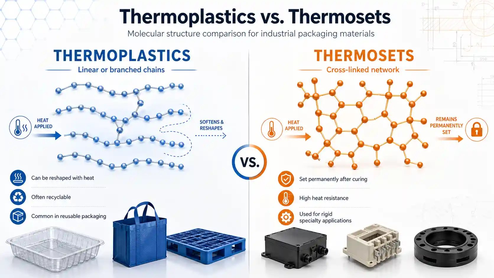 Thermoplastics vs thermosets molecular structure comparison for industrial packaging materials