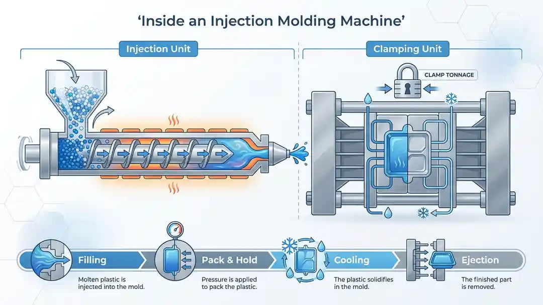 Clean vector infographic titled “Inside an Injection Molding Machine” that compares the injection unit and clamping unit in a cross section, with labeled hopper, screw, barrel, mold, cooling channels, and a four step timeline for filling, pack and hold, cooling, and ejection to teach how the molding process works in a modern factory setting.