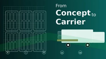 Graphic showing the process from design concept to finished carrier solution. On the left, blueprint-style sketches of packaging trays represent the design phase. On the right, a simplified illustration of a semi-truck with trays inside represents the final delivery stage. The text reads ‘From Concept to Carrier’.