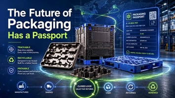 Futuristic Vantage Plastics hero image showing returnable packaging assets, a digital packaging passport, QR and RFID tracking, and a closed-loop lifecycle from manufacturing to recycling.