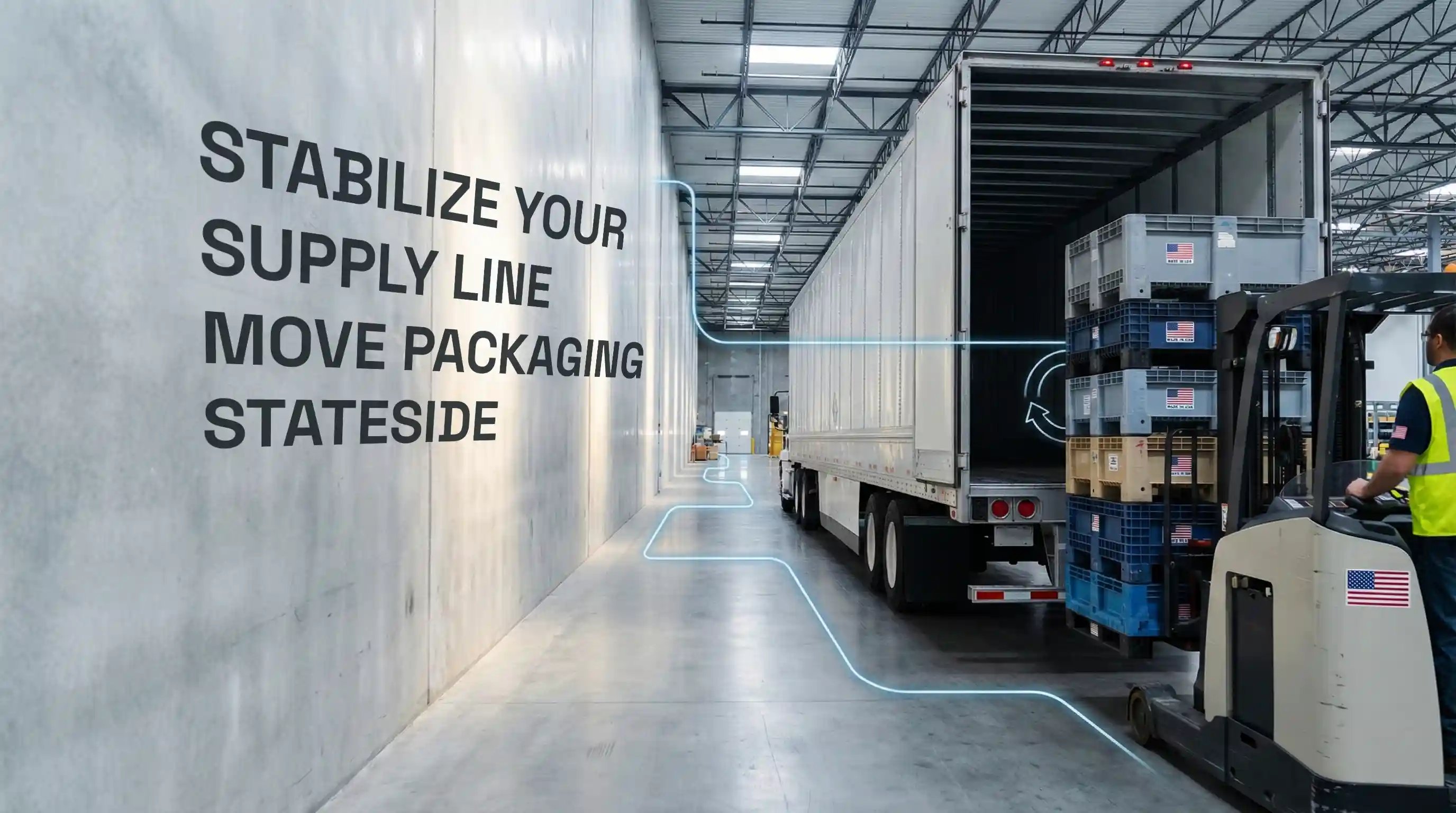 Forklift loading stacked reusable plastic containers into a semi-trailer at a US manufacturing facility, symbolizing domestic supply chain stability and recyclable returnable packaging.