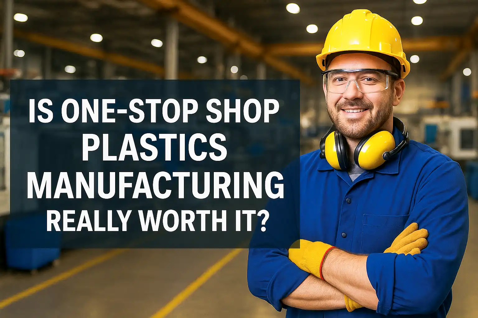 Smiling factory worker wearing safety gear—hard hat, gloves, eye and ear protection—stands confidently in a modern plastics manufacturing facility with bold text reading 'Is One-Stop Shop Plastics Manufacturing Really Worth It?