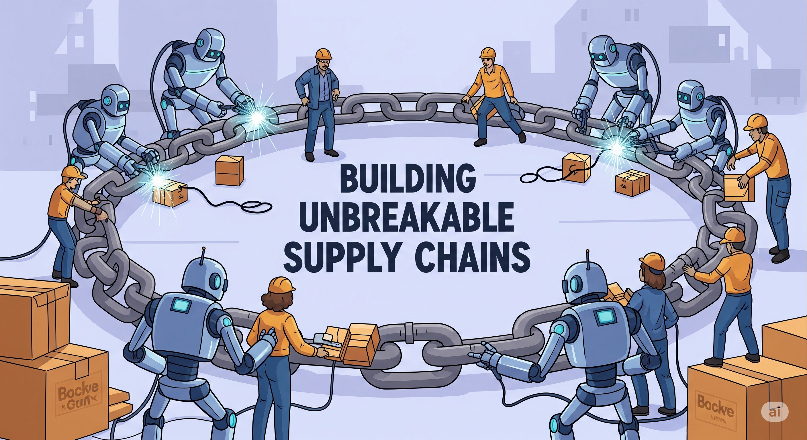 A cartoon illustration shows robots and humans collaboratively building a large, circular chain. In the center of the circle, the bold title reads: "Building Unbreakable Supply Chains."